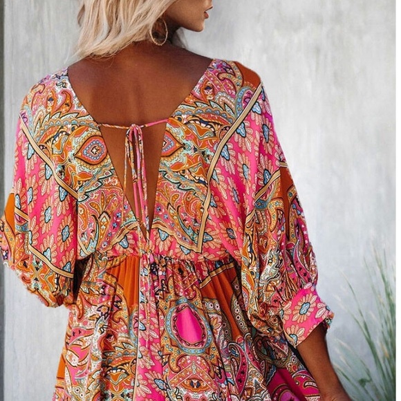 LARGE AVAILABLE GYPSY BOHO MIXED PRINT DRESS NWT - Picture 2 of 4